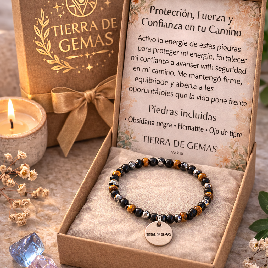 Protección, Fuerza y Confianza en tu Camino (pulsera ojo de tigre, hematite y obsidiana negra bolas 4mm)