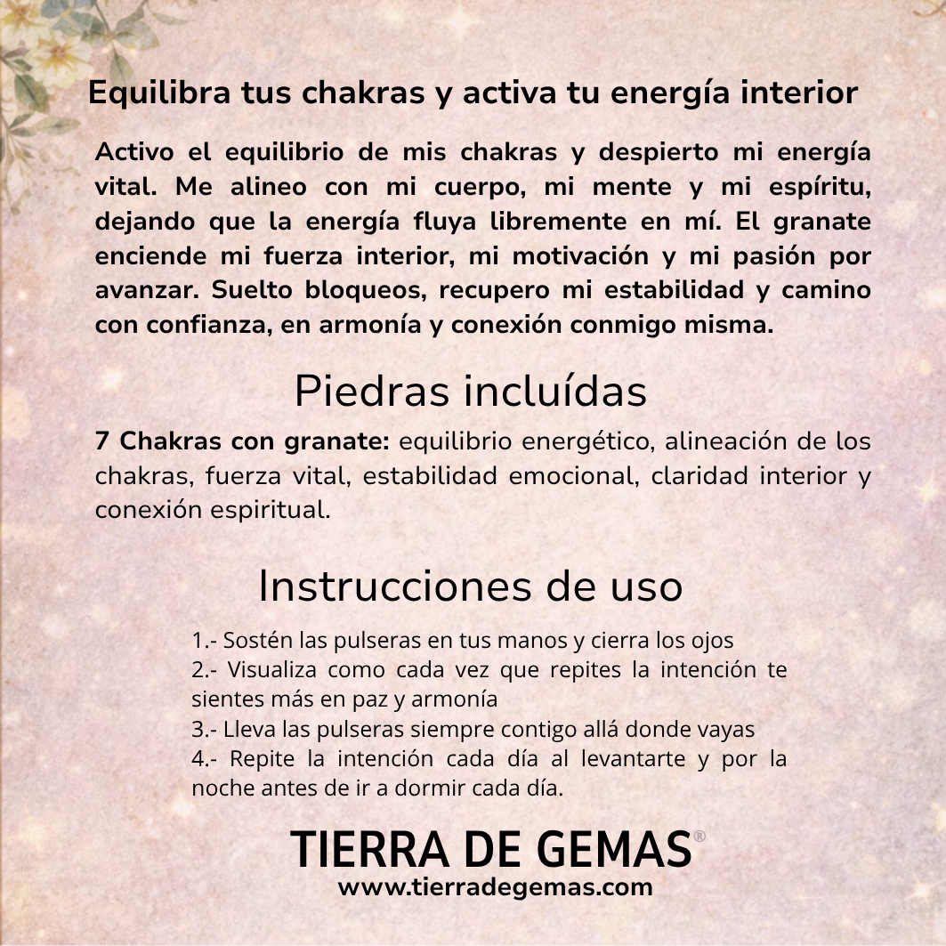 Equilibra tus chakras y activa tu energía interior (pulsera 7 chakras con granate bolas 6mm)