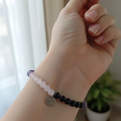 El Escudo del Corazón (Pulsera de turmalina, cuarzo rosa y amatista bolas 6mm)