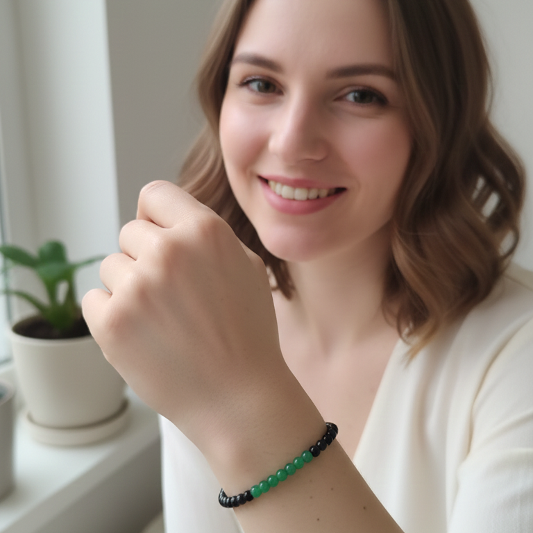 Pulsera jade verde con obsidiana negra 4mm