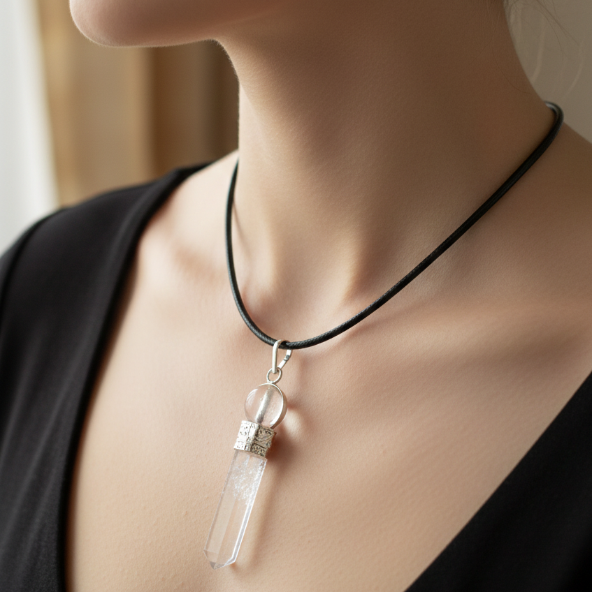 Collar Cuarzo Blanco punta con bola de cuarzo 3-4 cm