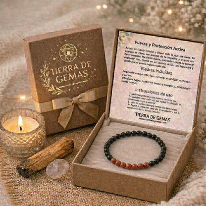 Fuerza y Protección Activa (pulsera Jaspe Rojo Con Obsidiana negra bolas 4mm)