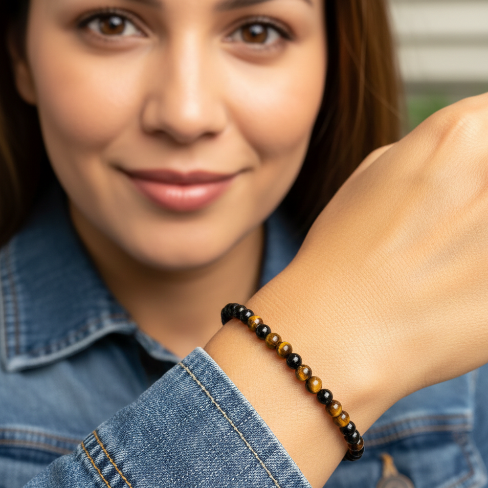 Protección Absoluta y Fuerza Interior (Pulsera ojo de tigre con turmalina negra bolas 4mm)