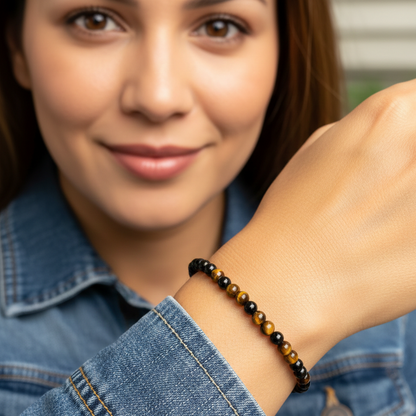Protección Absoluta y Fuerza Interior (Pulsera ojo de tigre con turmalina negra bolas 4mm)