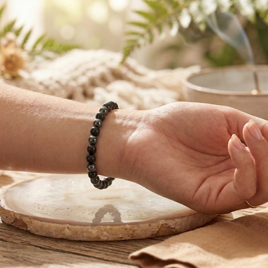 Protección y Fuerza para tu Energía (pulsera hematite con obsidiana negra bolas 4mm)