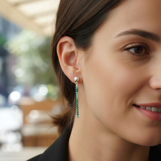 Pendientes largos Crisocola bolas talladas 2mm