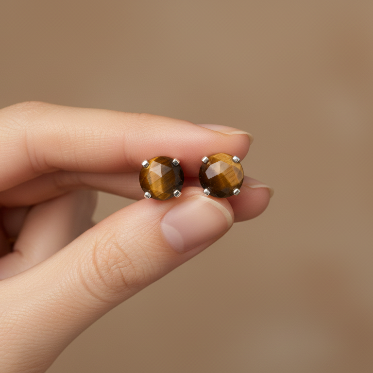 Pendientes ojo de tigre facetada garra 8mm plata