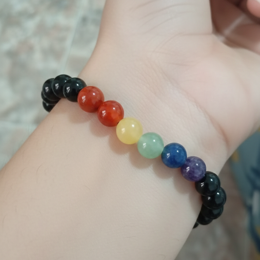 Pulsera 7 chakras con obsidiana negra bolas 6mm