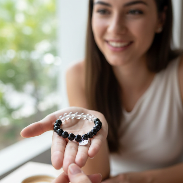 Pulsera cuarzo blanco con obsidiana negra bolas 8mm