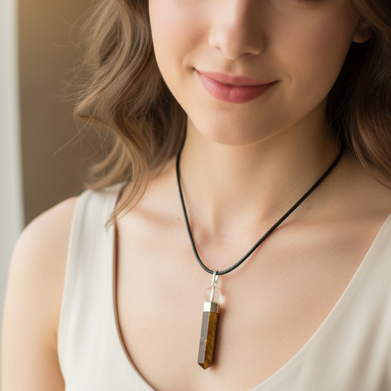 Collar ojo de tigre punta con bola de cuarzo 3-4 cm