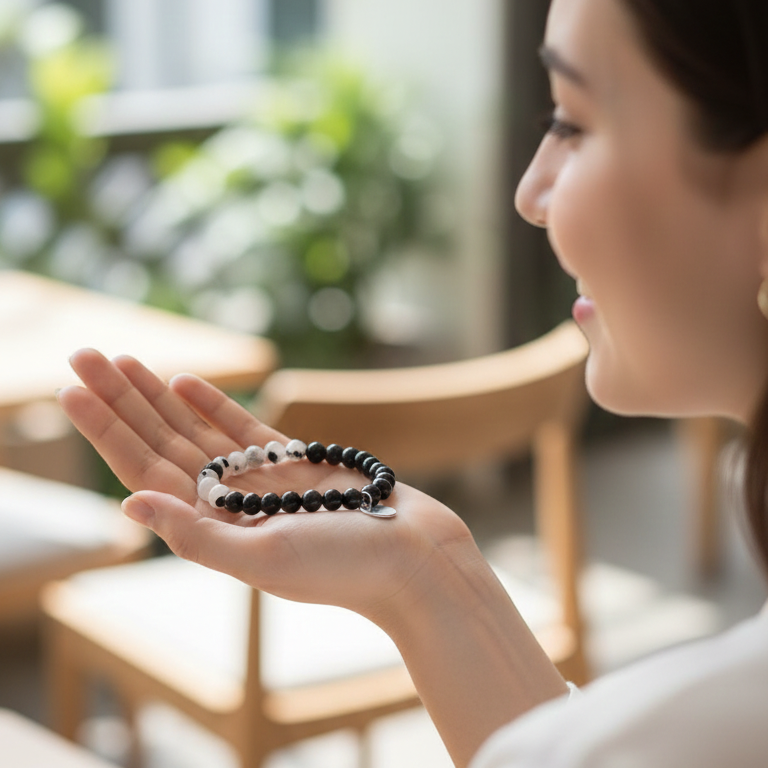 Pulsera cuarzo con turmalina negra y obsidiana bolas 6mm