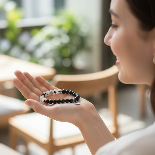 Pulsera cuarzo con turmalina negra y obsidiana bolas 6mm