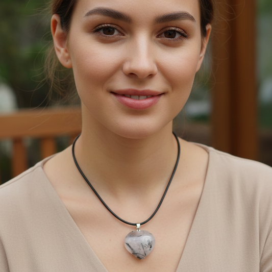 Collar corazón cuarzo con turmalina negra 3-4 cm