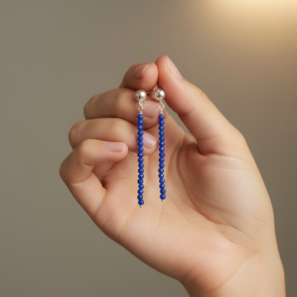 Pendientes lapislazuli largos bolas 2mm tallada plata