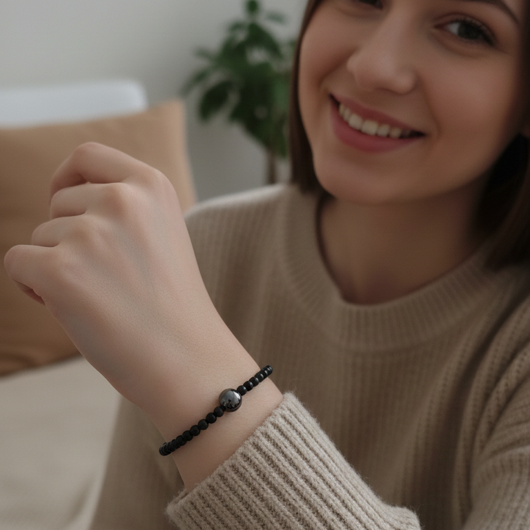 Pulsera hematite con obsidiana negra bolas 4mm y macrame