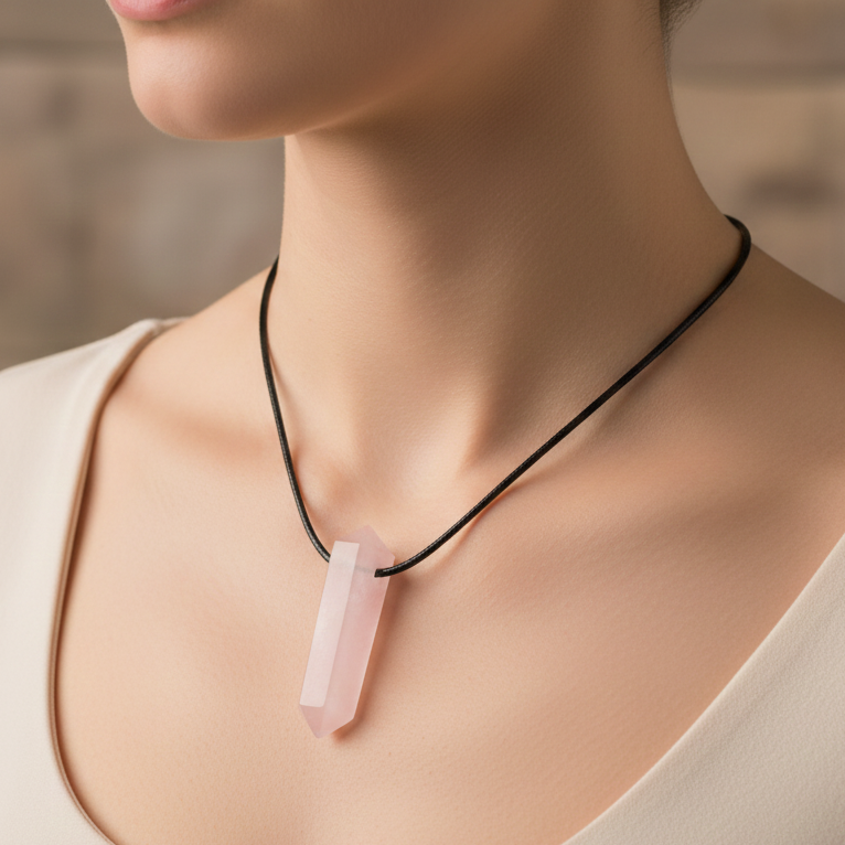 Collar cuarzo rosa punta biterminada 3-4 cm