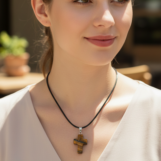 Collar cruz ojo de tigre 2 cm