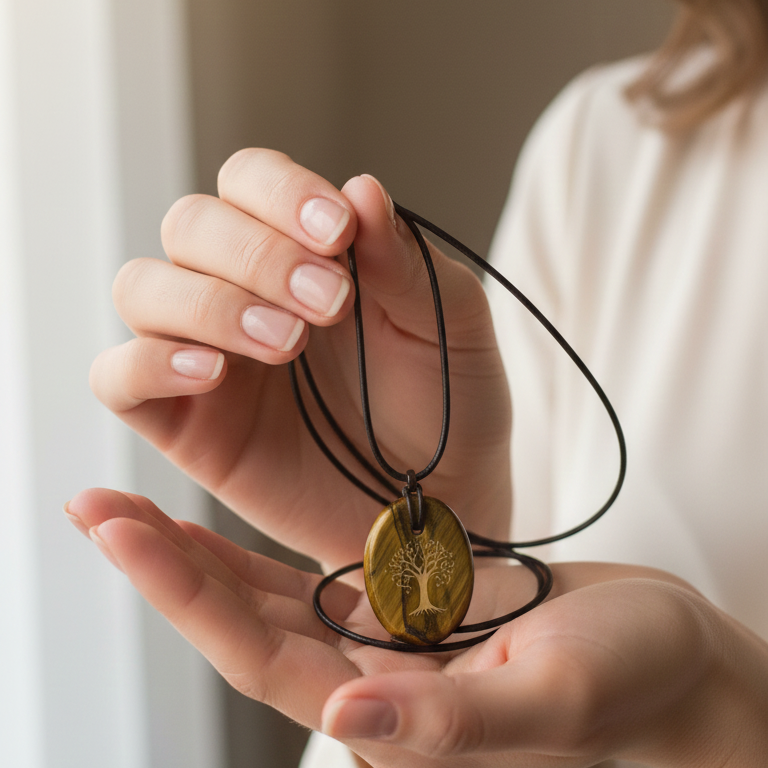 Collar ojo de tigre arbol de la vida plano 3-4 cm