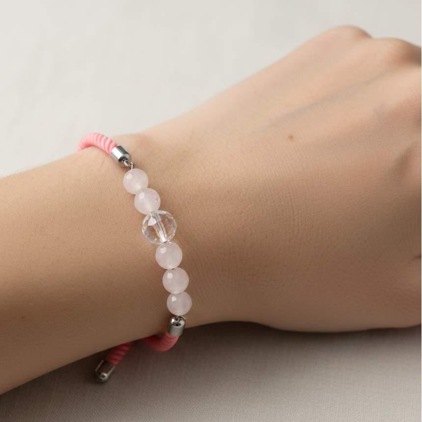 Pulsera cuarzo rosa y bola de cuarzo con seda, ajustable
