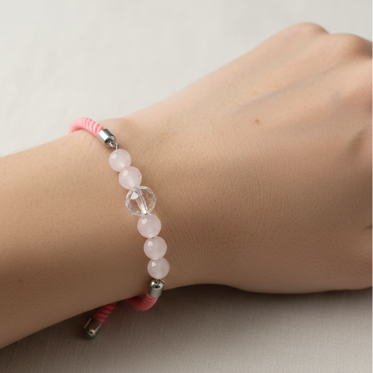 Pulsera cuarzo rosa y bola de cuarzo con seda, ajustable