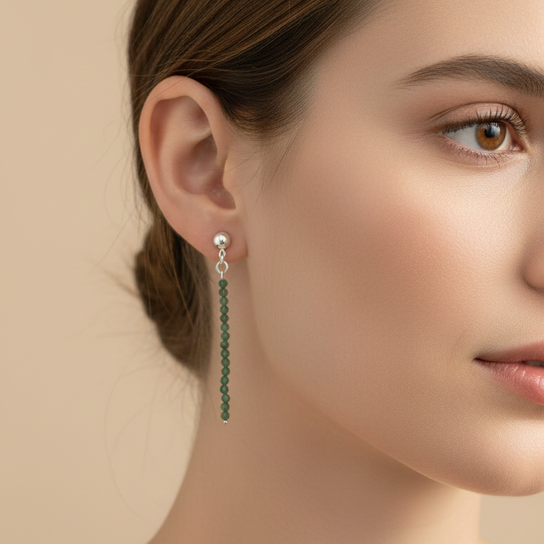 Pendientes largos Esmeralda bolas talladas 2mm