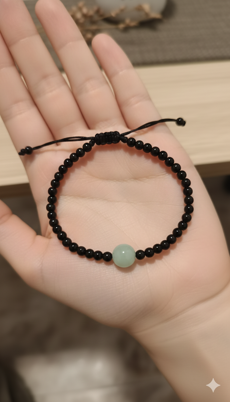 Pulsera jade verde con obsidiana negra 4mm