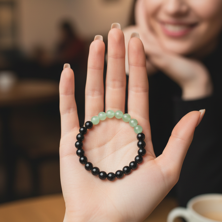 Pulsera cuarzo verde con obsidiana negra bolas 8mm