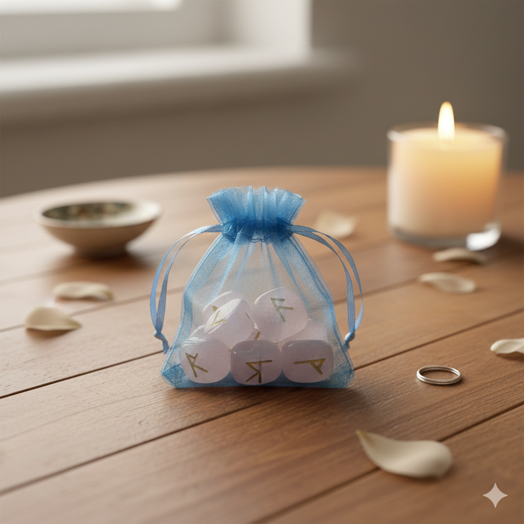 Juego Runas Cuarzo rosa artesanas en bolsita