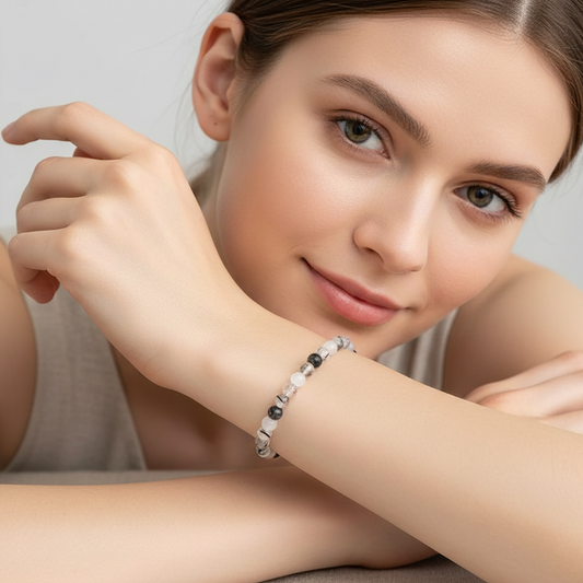 Pulsera cuarzo con turmalina negra bolas 4mm elástica