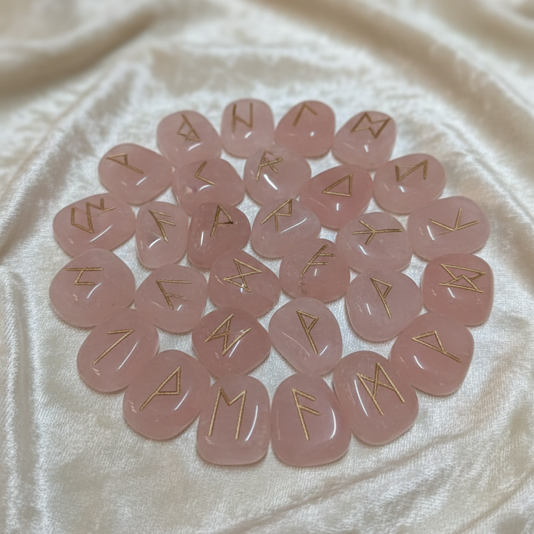 Juego Runas Cuarzo rosa artesanas en bolsita