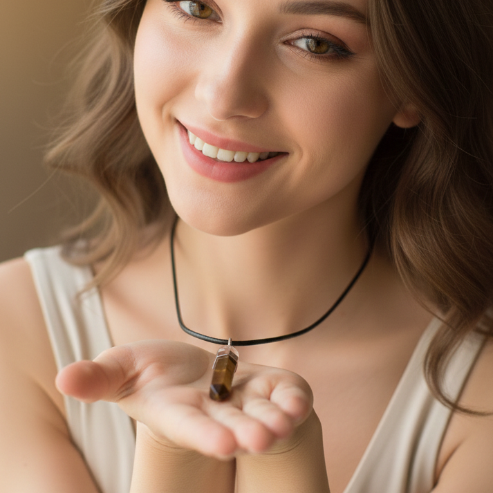 Collar ojo de tigre punta con bola de cuarzo 3-4 cm