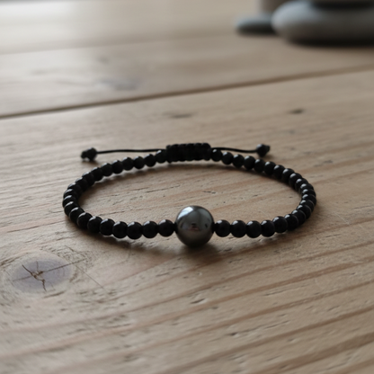 Pulsera hematite con obsidiana negra bolas 4mm y macrame