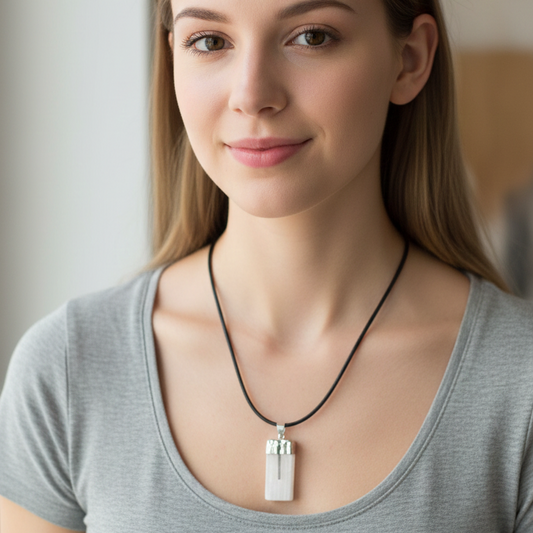 Collar selenita con turmalina negra 3-4 cm