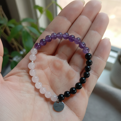 El Escudo del Corazón (Pulsera de turmalina, cuarzo rosa y amatista bolas 6mm)