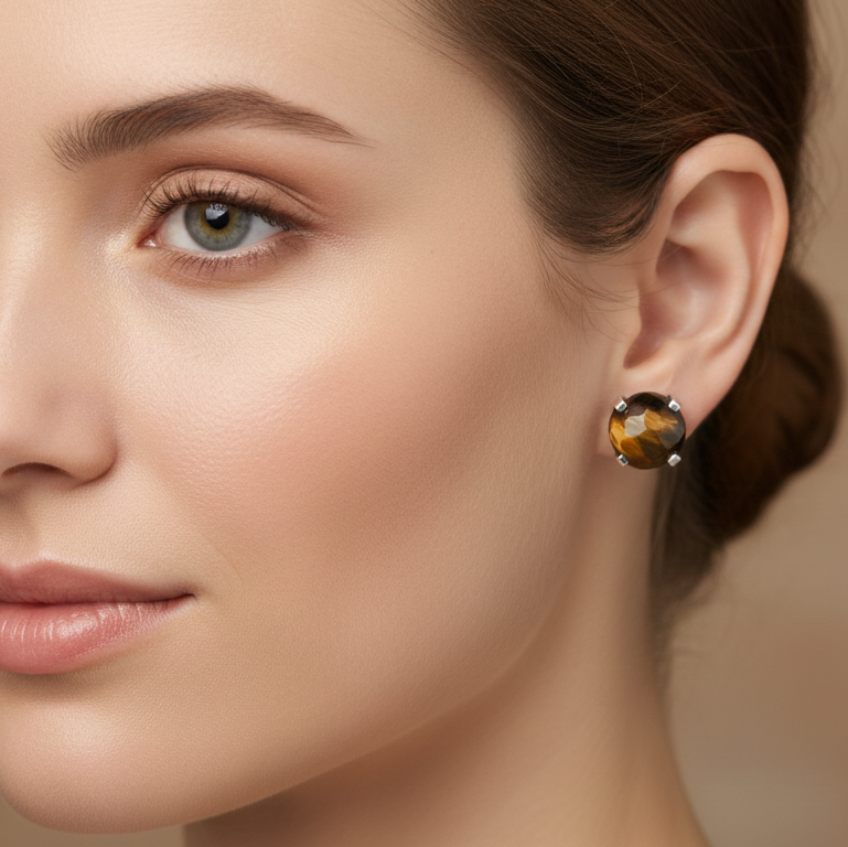 Pendientes ojo de tigre facetada garra 8mm plata