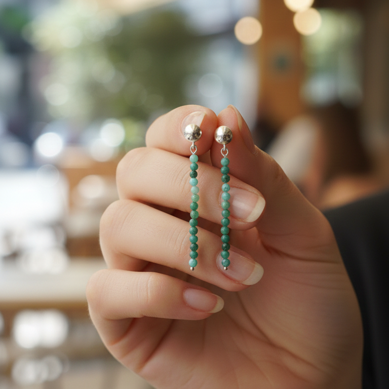 Pendientes largos Crisocola bolas talladas 2mm