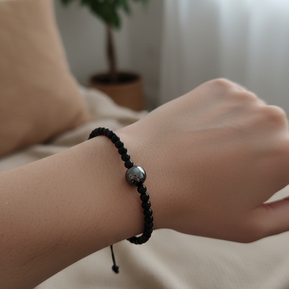 Pulsera hematite con obsidiana negra bolas 4mm y macrame