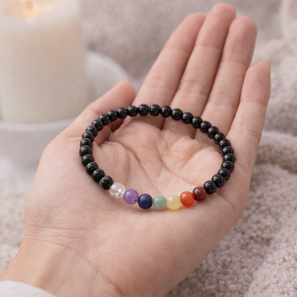 Equilibrio y Protección Energética (pulsera 7 chakras con obisidiana negra bolas 4mm)