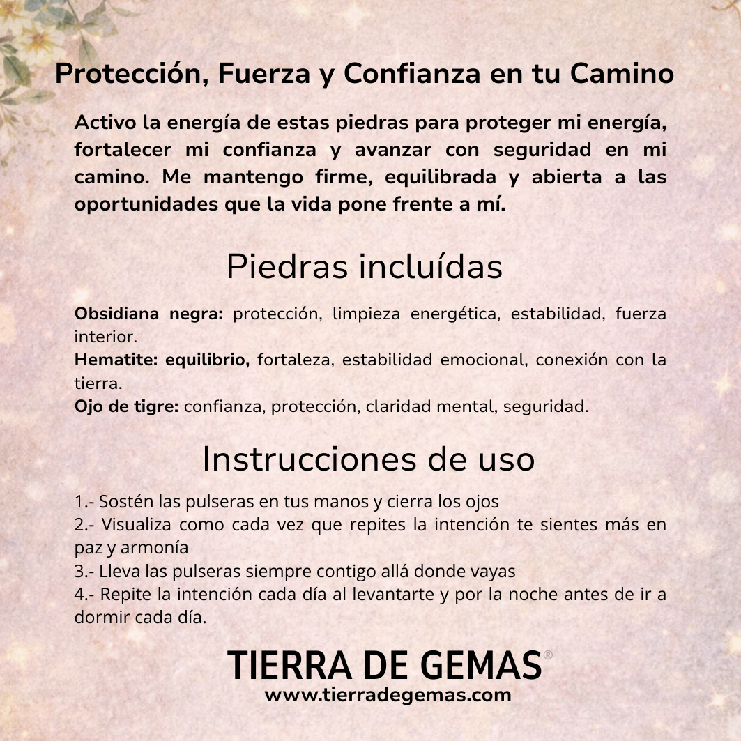 Protección, Fuerza y Confianza en tu Camino (pulsera ojo de tigre, hematite y obsidiana negra bolas 4mm)