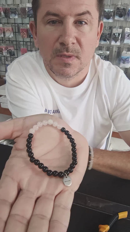 Pulsera cuarzo rosa con obsidiana negra bolas 6mm