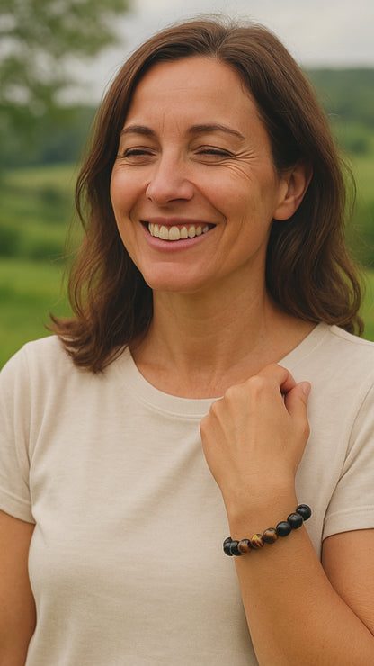 Pulsera Alma Fuerte y  Energía Inquebrantable - Ojo de tigre con obsidiana negra bolas 6mm