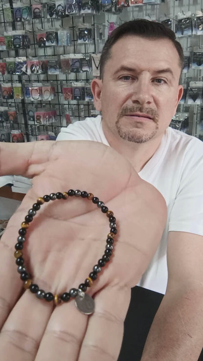 Pulsera ojo de tigre, hematite y obsidiana negra bolas 4mm ajustable