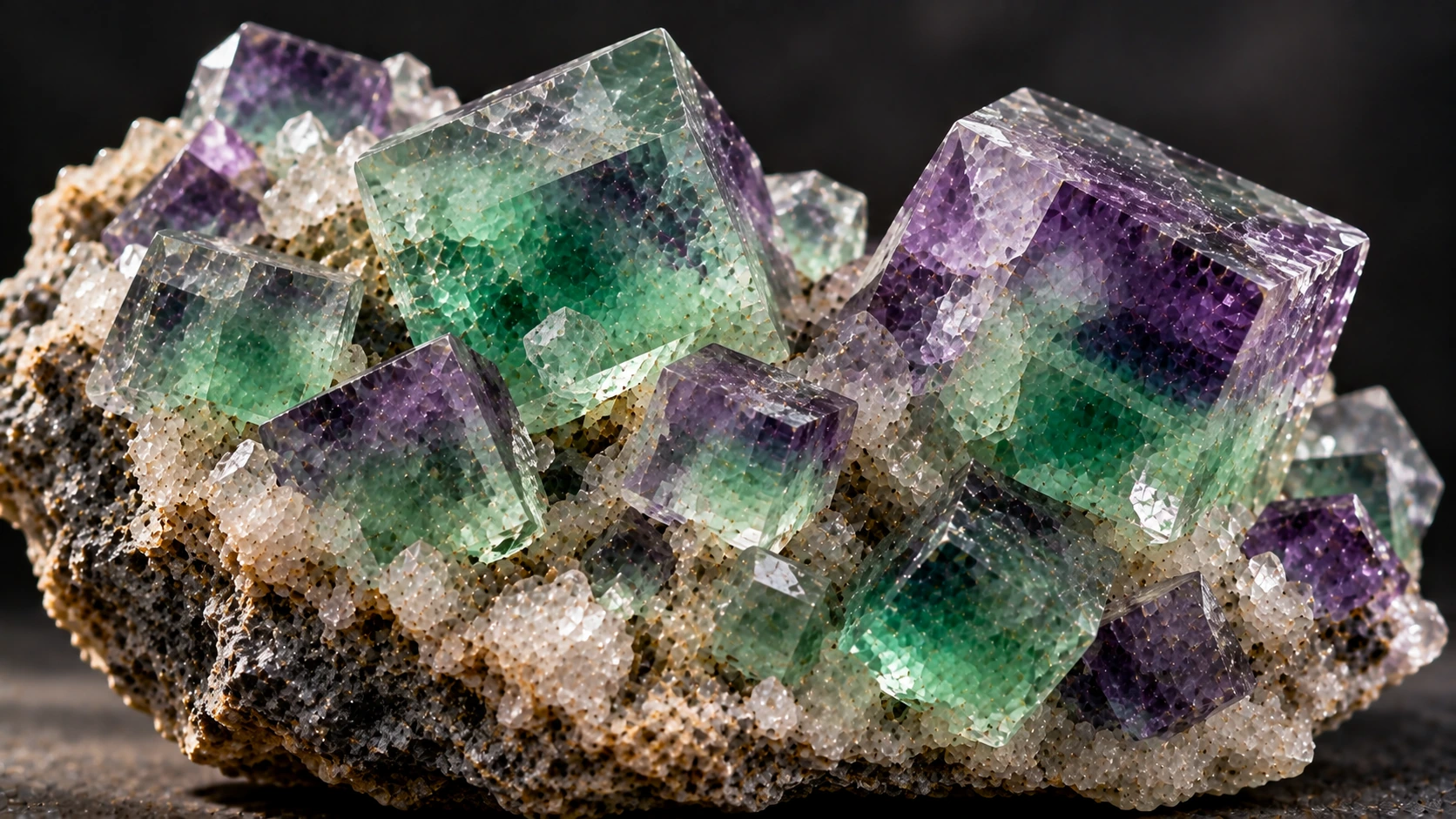Cristales naturales de fluorita cúbica verde y violeta