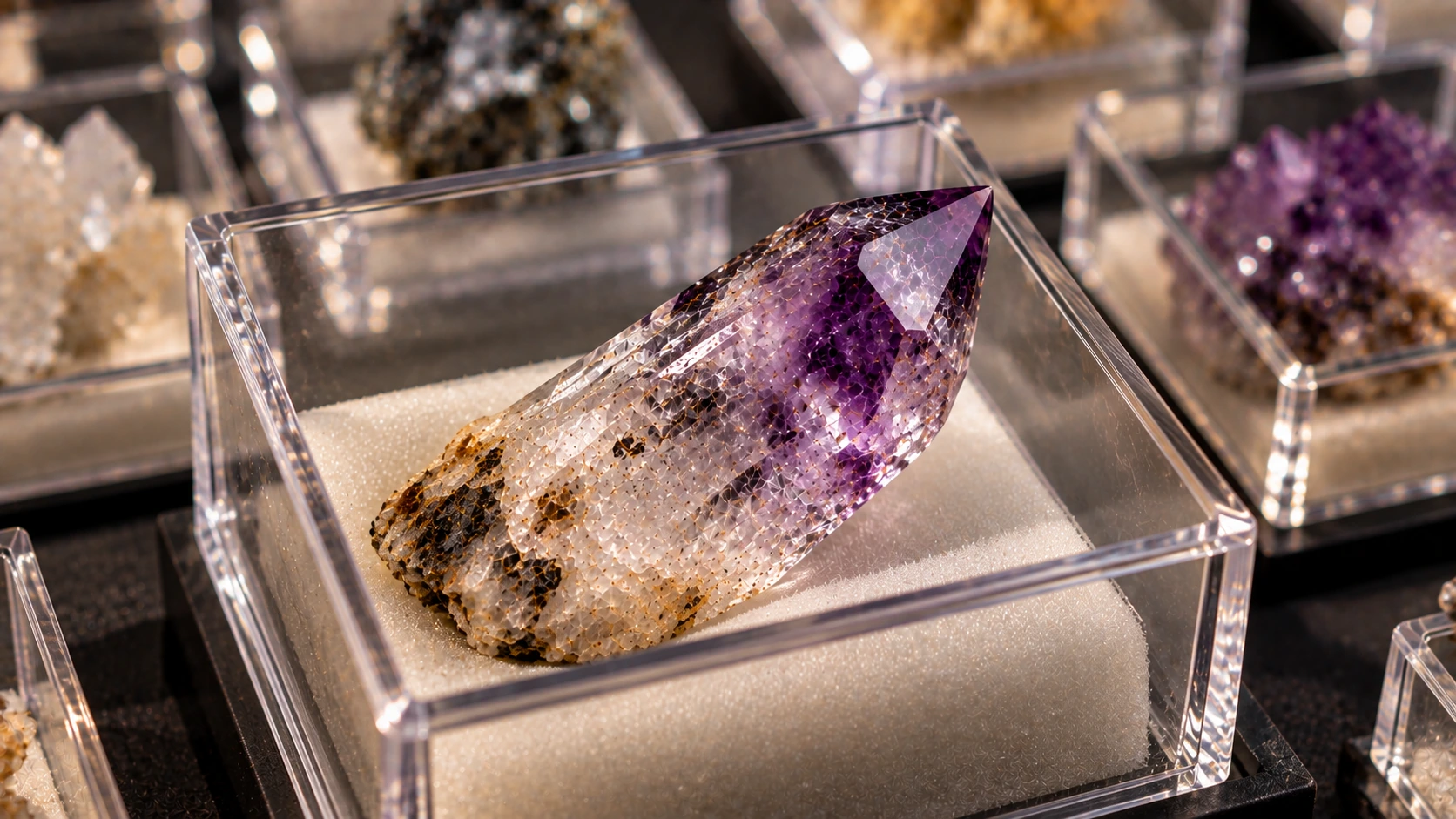Amatista Brandberg protegida en una colección mineral