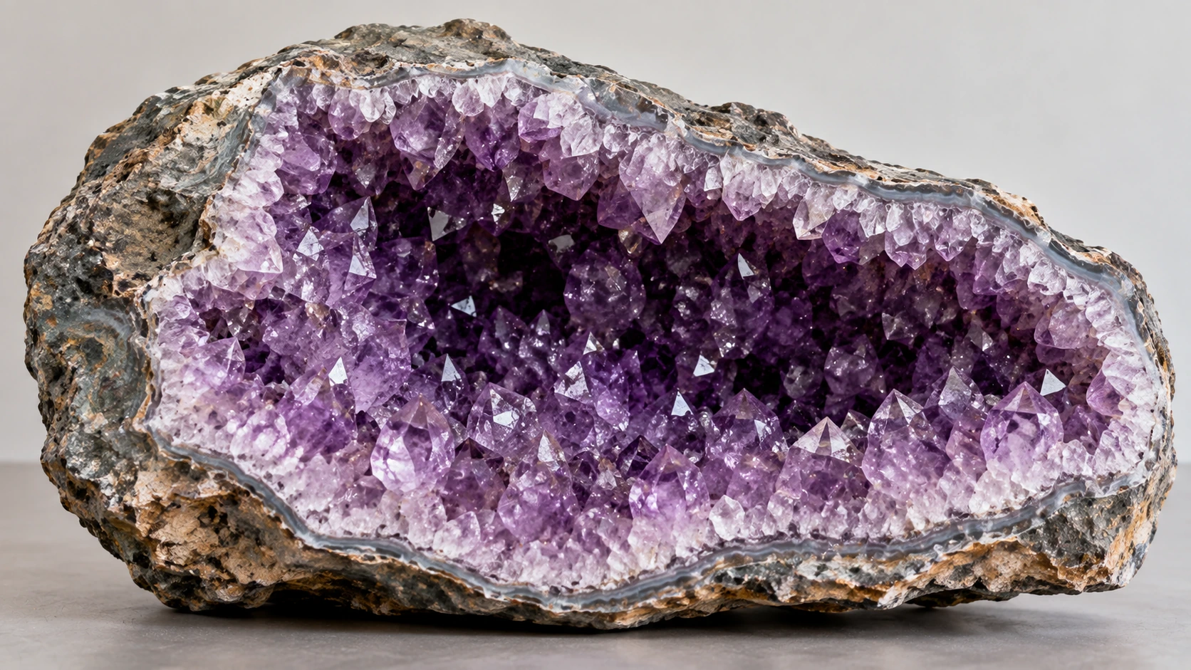 Geoda de amatista abierta mostrando cristales violetas en su interior