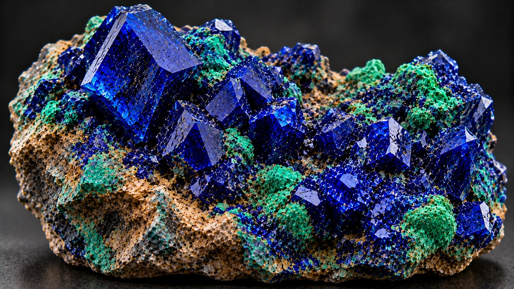 Cristales naturales de azurita azul sobre matriz mineral