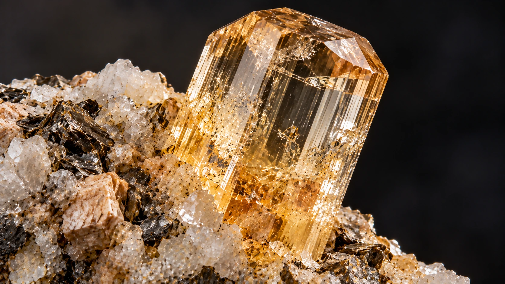 Cristal natural de topacio sobre matriz de pegmatita