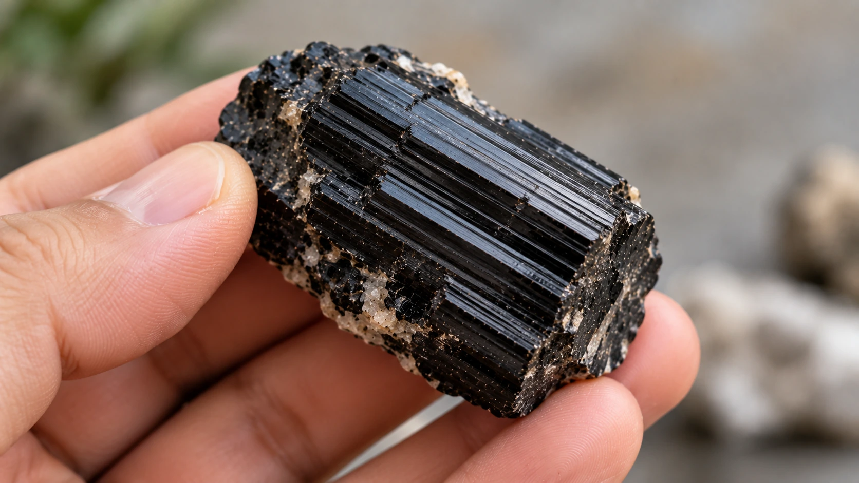 Turmalina negra natural sostenida en una mano