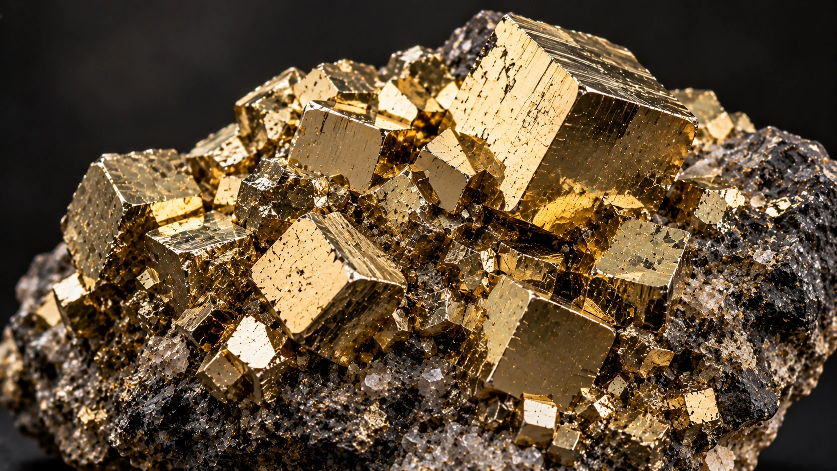 Pirita natural con cristales cúbicos dorados