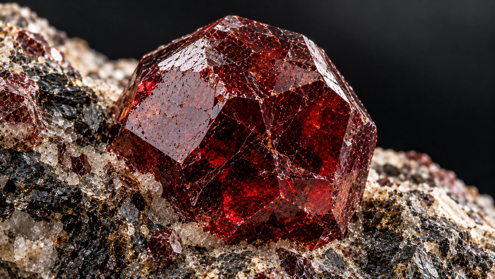 Cristal natural de granate dodecaédrico sobre matriz